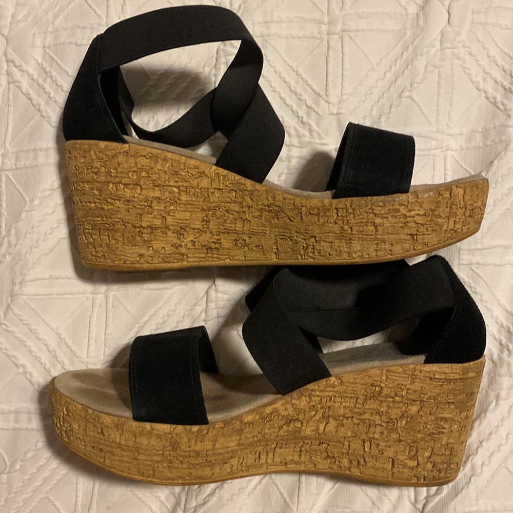 BioNatura sandals, size 9, cork heel, stretch material on straps. GUC.